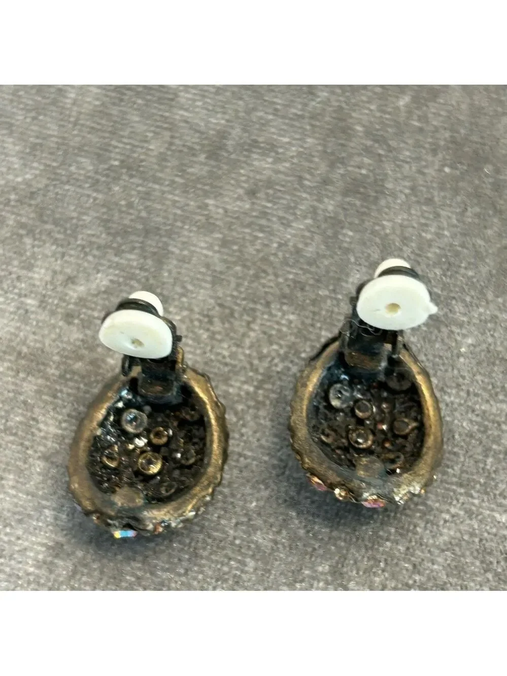 Vintage Amber Aurora borealis AB crystal rhinestone oval clip on earrings